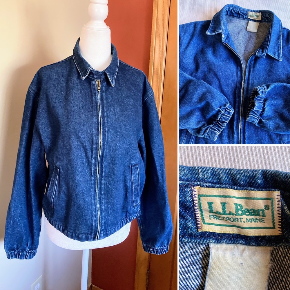 Vintage LL Bean Denim Blue Jean Jacket Dark Wash Zippered Size Unisex Men Women